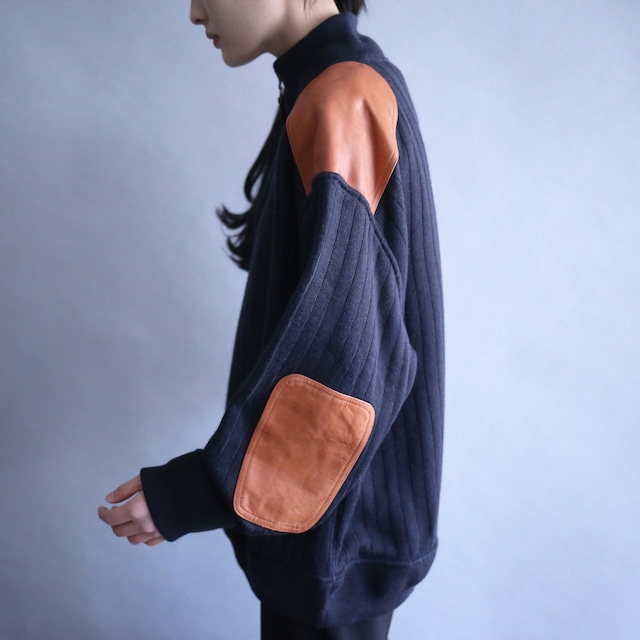 shoulder and elbow leather patchwork design half-zip pullover
