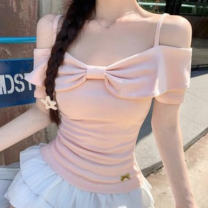 オフショルダー リボン トップス 肩出し レディース 春夏 韓国 大人 きれいめ フェミニン かわいい ガーリー ビッグリボン 無地 伸縮性 オフショル カットソー 大人可愛い 大人女子