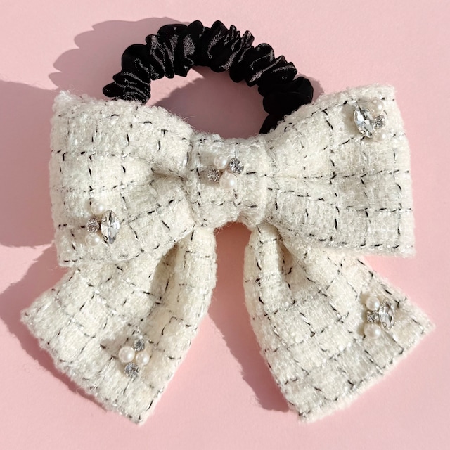 White tweed リボン（シュシュorバレッタ）