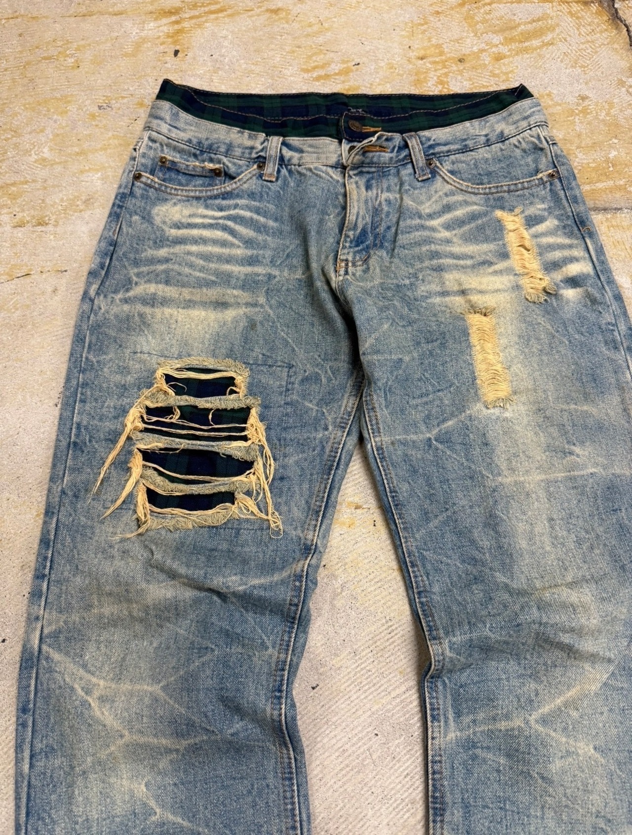 layered style damage denim pants