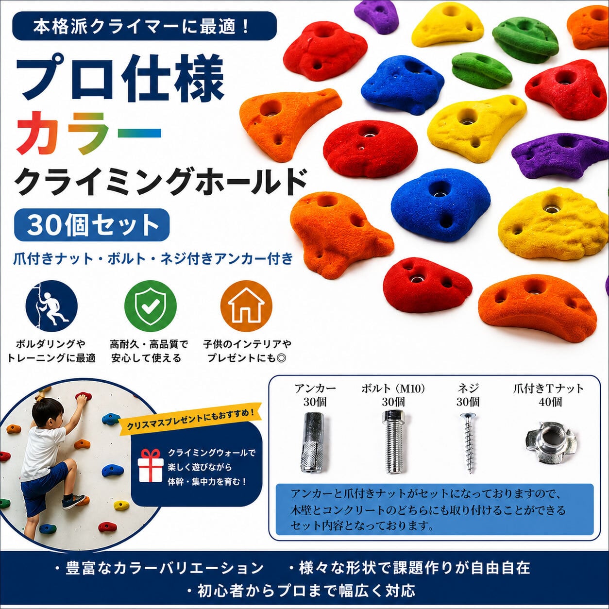 プロ仕様 カラークライミングホールド 本格派 30個セット 爪付きナット