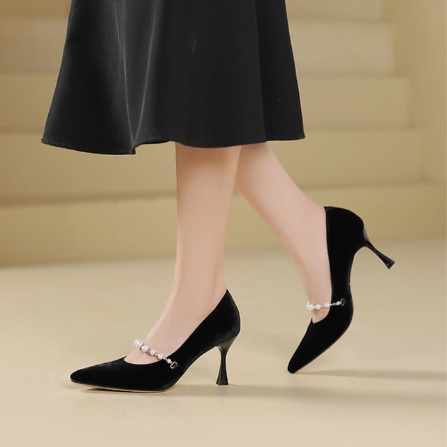 Velvet Pearl Strap Pumps　a0043