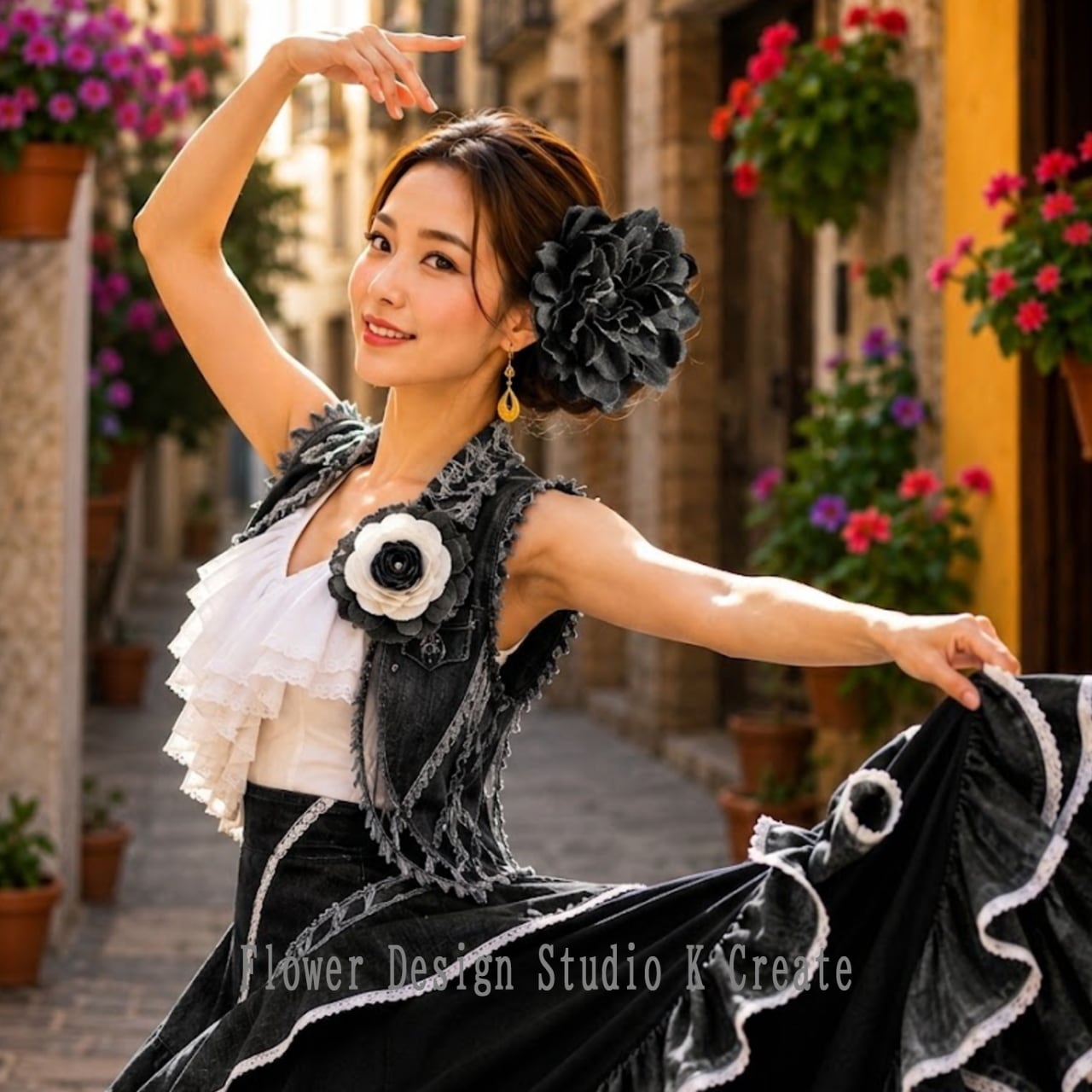ブラックデニムのダリアの髪飾り(シングルワイヤー仕様) デニム フラメンコ フローレス 黒 ブラック 花飾り 花