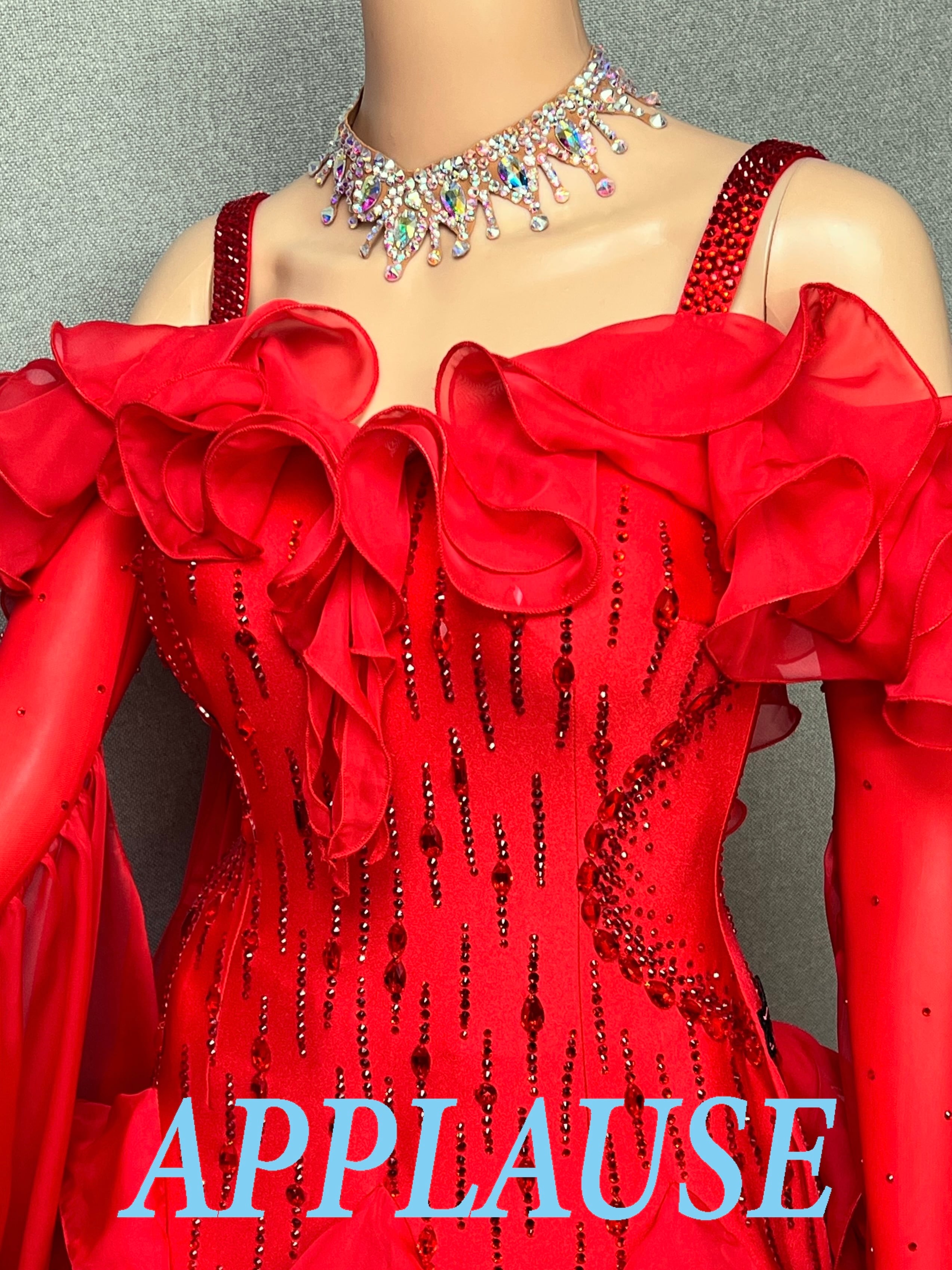 【新着】社交ダンス ドレス　モダン　スタンダード ドレス　　 ST-26-7　　レッド（フリル）　M　デモ・競技用ドレス　発表会　衣装　パーティドレス　ワンピース　舞台衣装