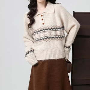 ハーフボタンパターン柄ニット ・10161 ハーフボタンパターン柄ニット ・10161