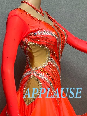 【新着】社交ダンス ドレス　モダン　スタンダード ドレス　ST-26-２　タンジェリンオレンジ　M〜L　デモ・競技用ドレス　発表会　衣装　パーティドレス　ワンピース　舞台衣装