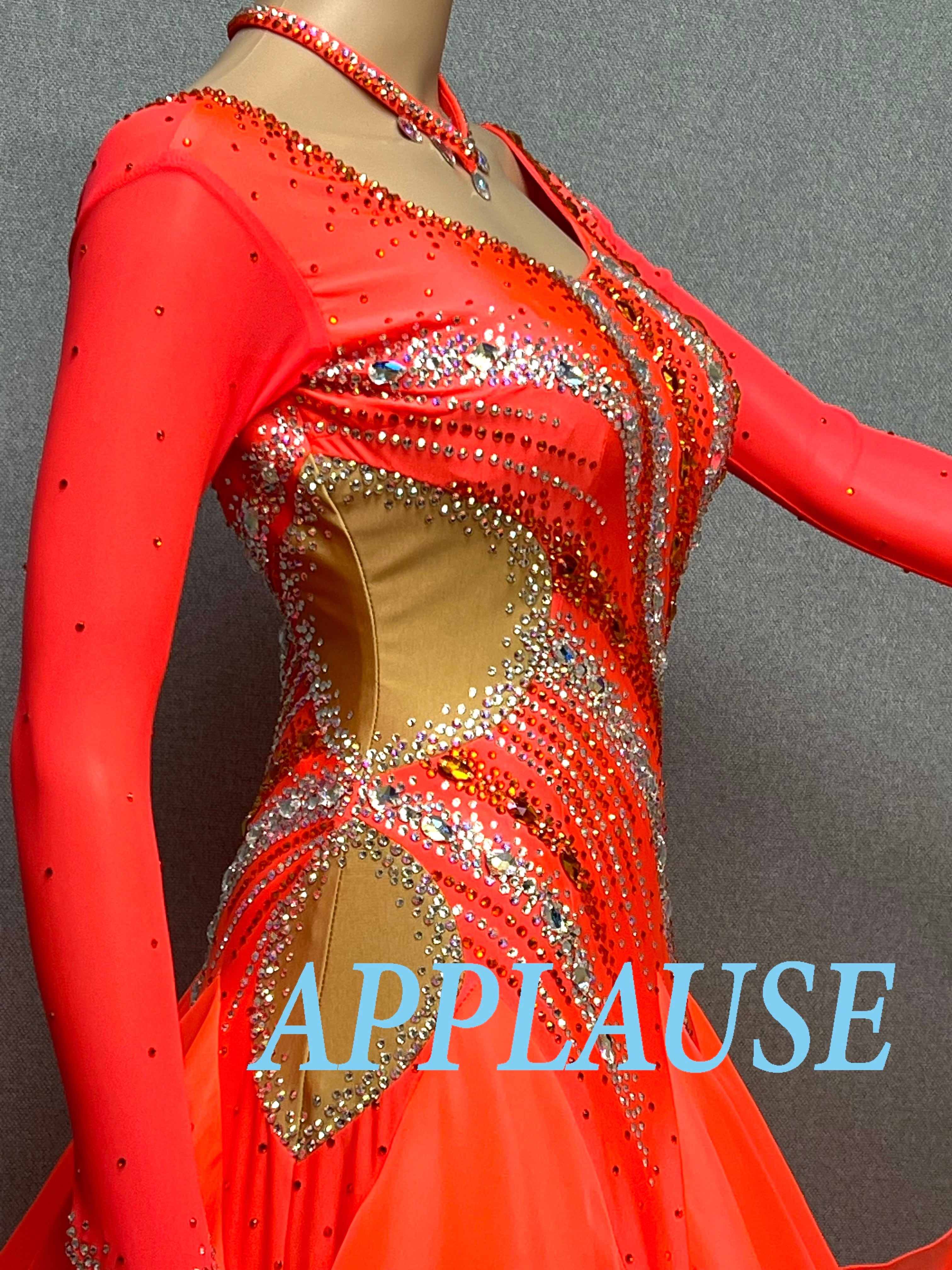 【新着】社交ダンス ドレス　モダン　スタンダード ドレス　ST-26-２　タンジェリンオレンジ　M〜L　デモ・競技用ドレス　発表会　衣装　パーティドレス　ワンピース　舞台衣装