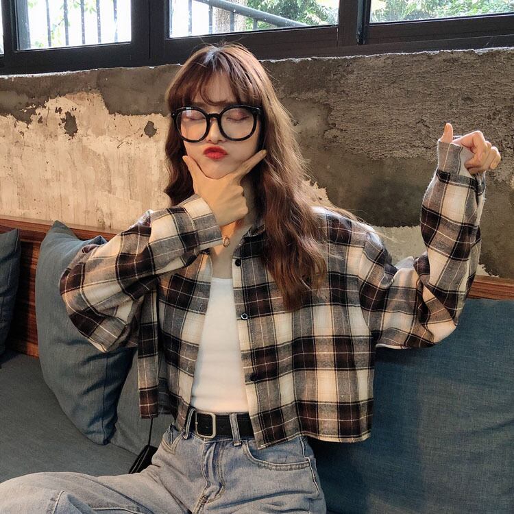 2カラー チェックシャツ ショート丈 ルーズ チェック柄 シャツ