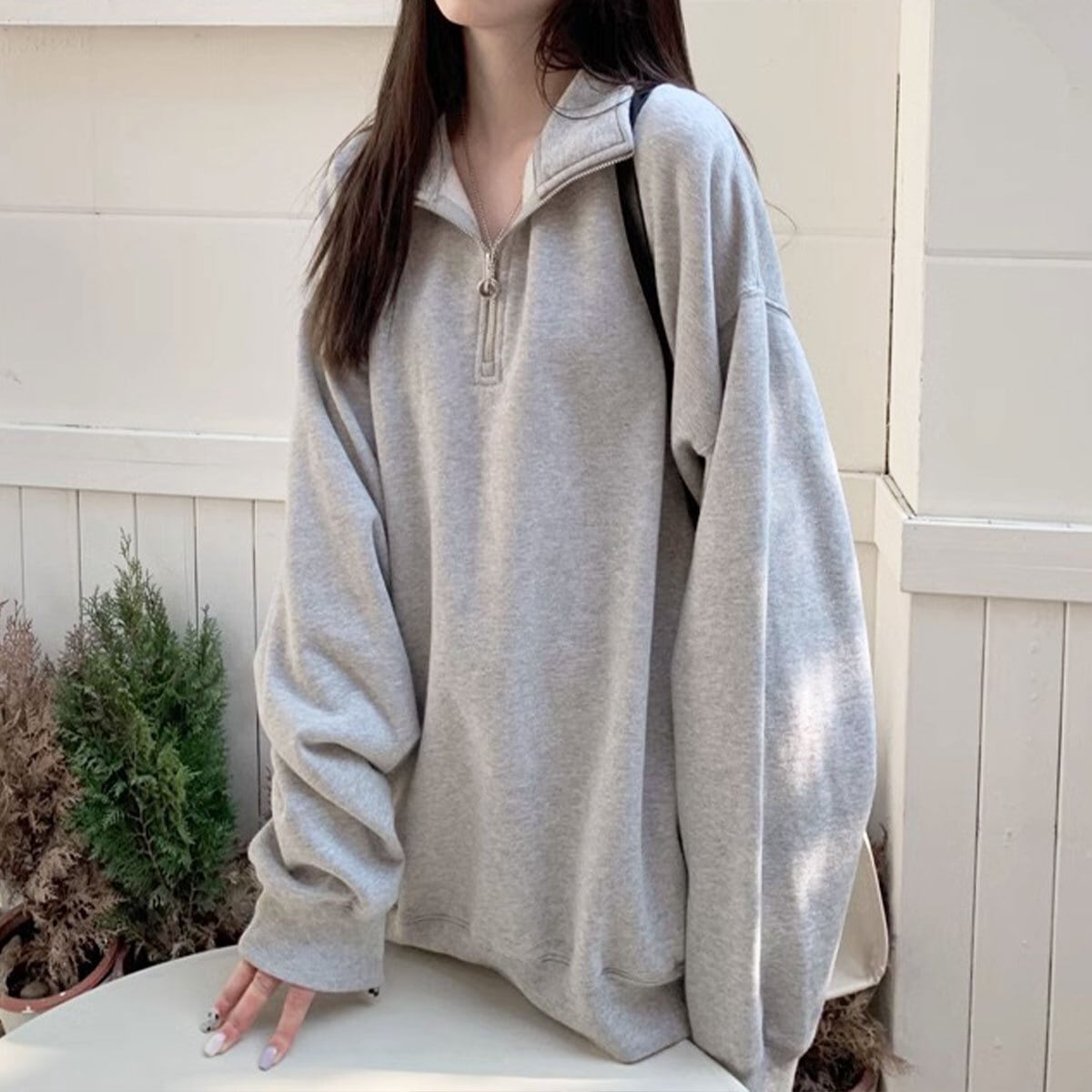 スウェット ハーフジップ シャツ レディース 春秋 韓国 ポロシャツ ストリート 大人 カジュアル シンプル おしゃれ ゆったり チュニック ロンT ドロップショルダー 大人可愛い 大人女子