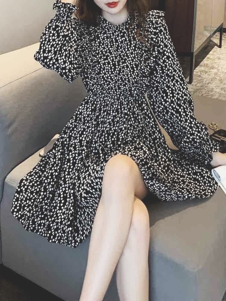 縦フリルモノトーン花柄ワンピース レトロコーデ かわいい おしゃれ 長袖 膝上丈 スタンドカラー 大きいサイズ 韓国 CH5148