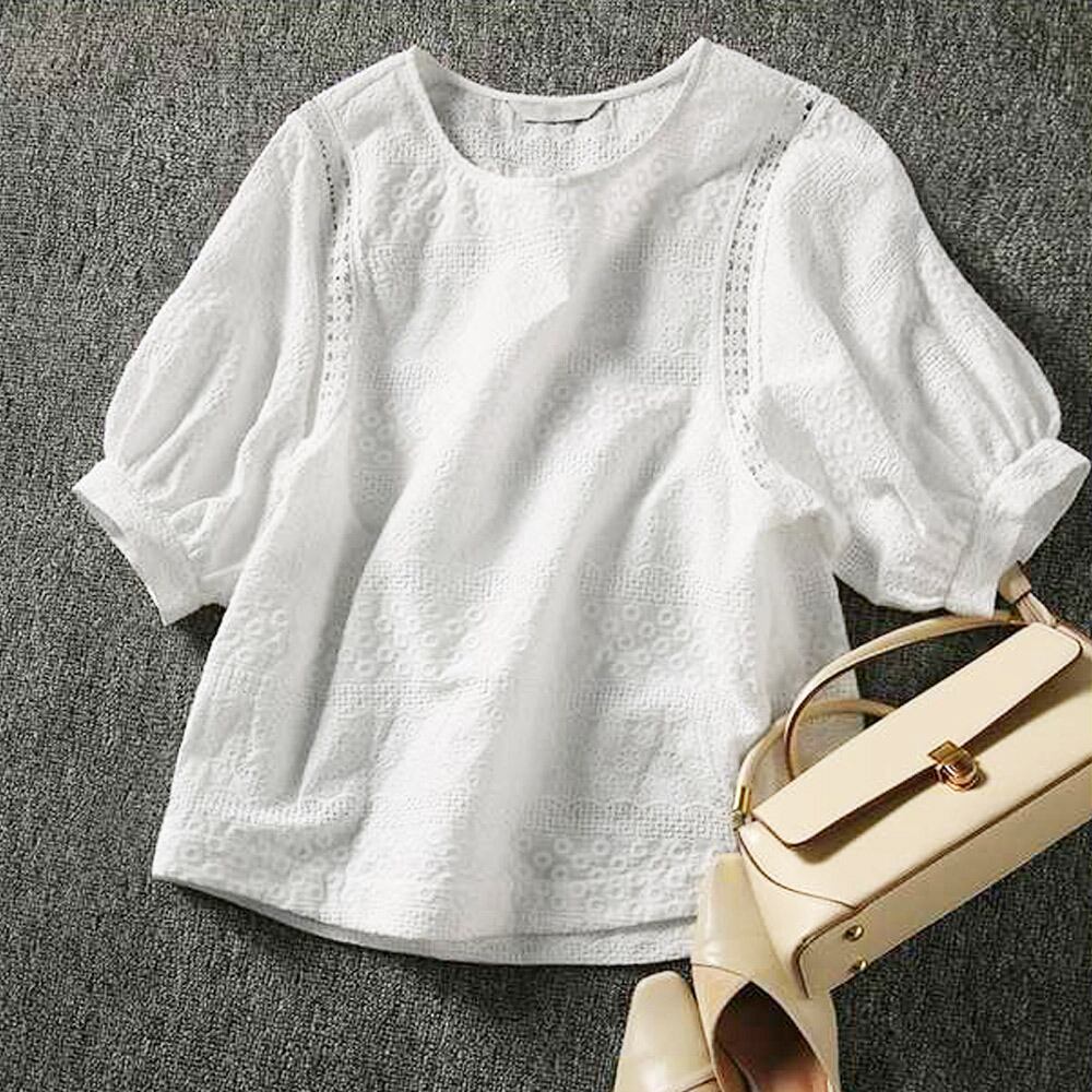 レース ブラウス レディース 春夏秋 韓国 パフスリーブ トップス 大人 かわいい きれいめ おしゃれ 花柄 刺繍 ホワイト 白 大人可愛い 大人女子