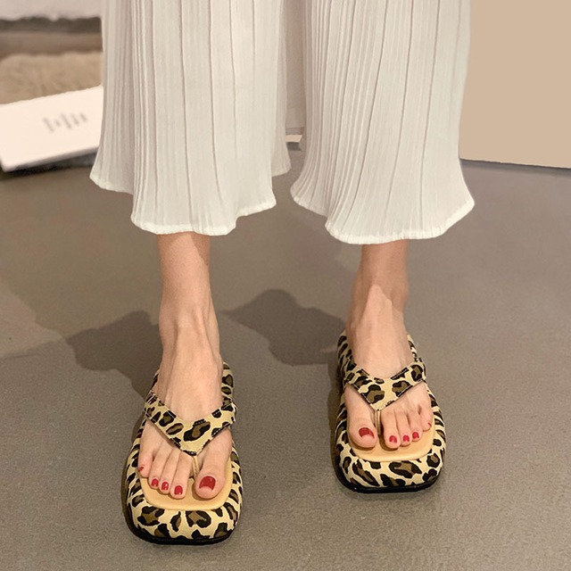 レディースサマーレッドレオパードプリント柄サンダルミュール 靴 シューズ 夏物 フェイクシューズ99405978694