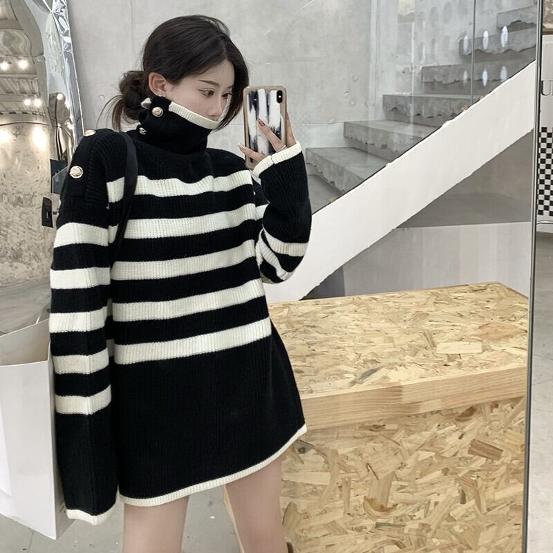 オータムウィンターブラックホワイトストライプセーター ルーズトップス レディース ロング 秋物 冬物 ガールズファッション34747342689