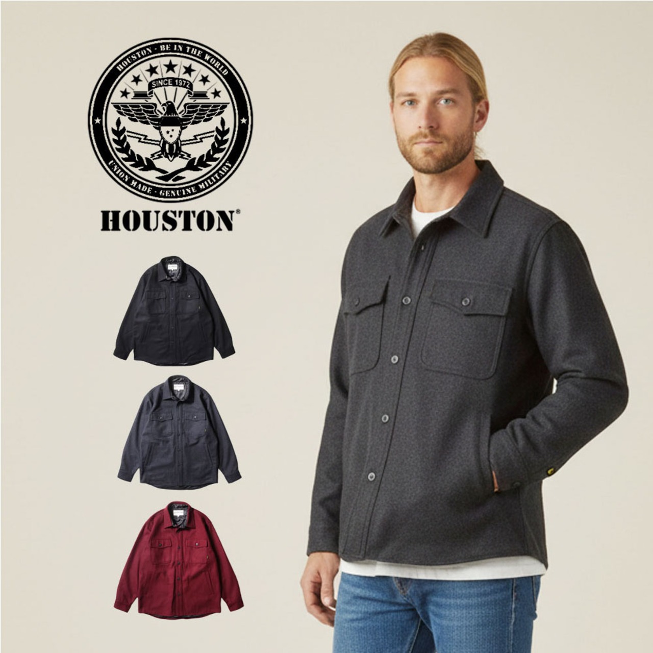 【L ブラック】ヒューストン HOUSTON MELTON CPO SHIRT JACKET 51535