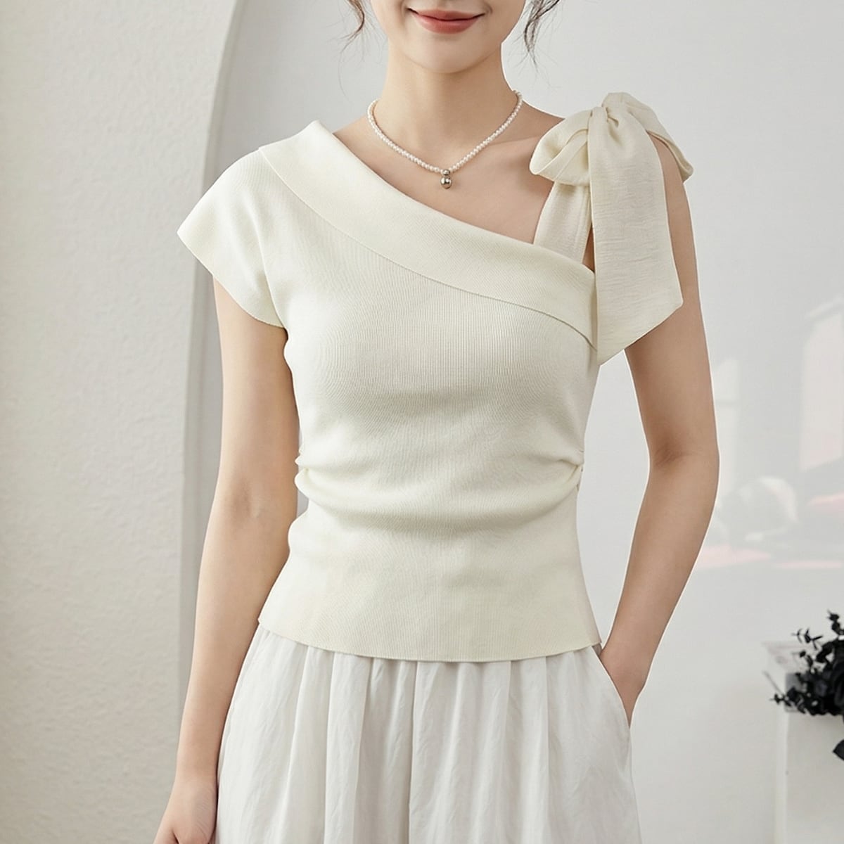 アシンメトリー・リボンショルダー・スリムリブトップス ch0453