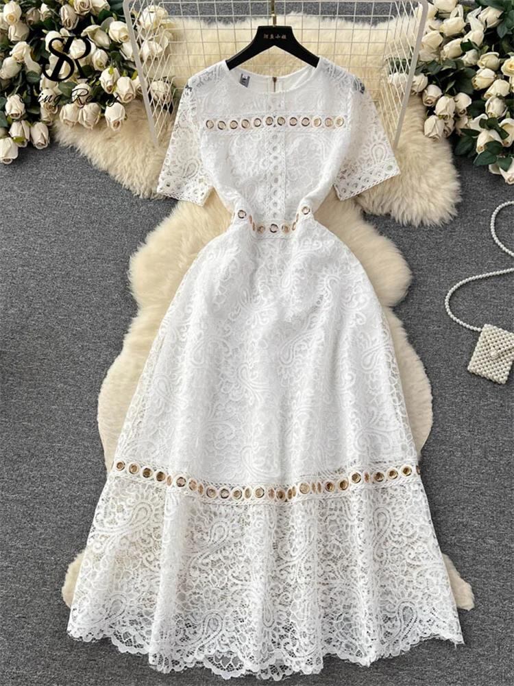 Sing補強-レースの透かし彫りのロングドレス,女性用の夏服,半袖,ラインカット,休暇,レトロな刺dress_288