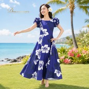フラダンス 衣装 DFギャラリー ワンピース ドレス ネイビー系 ハイビスカス柄 フリル袖 花柄 植物柄 ハワイアンプリント ハワイアン アロハ フラ ダンス レッスン 練習 ハワイアンダンス フレアスカート ブルー系 ホワイト系 紺 青 白 華やか かわいい おしゃれ 上品 大人っぽい ダンス衣装 練習着 レッスンウェア