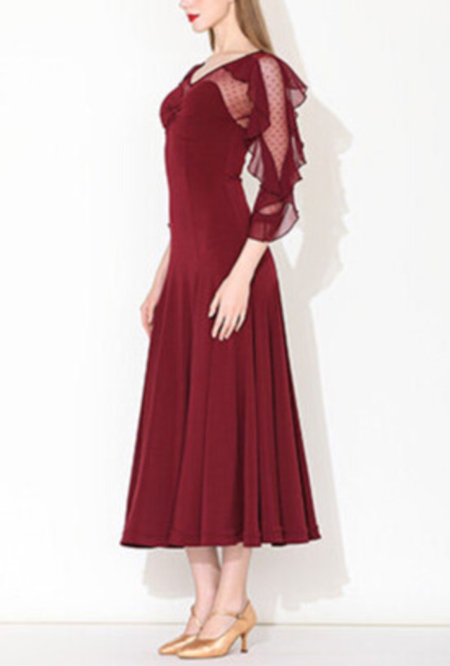 チュールスリーブ シースルー ミモレ フレアワンピース　ds1498