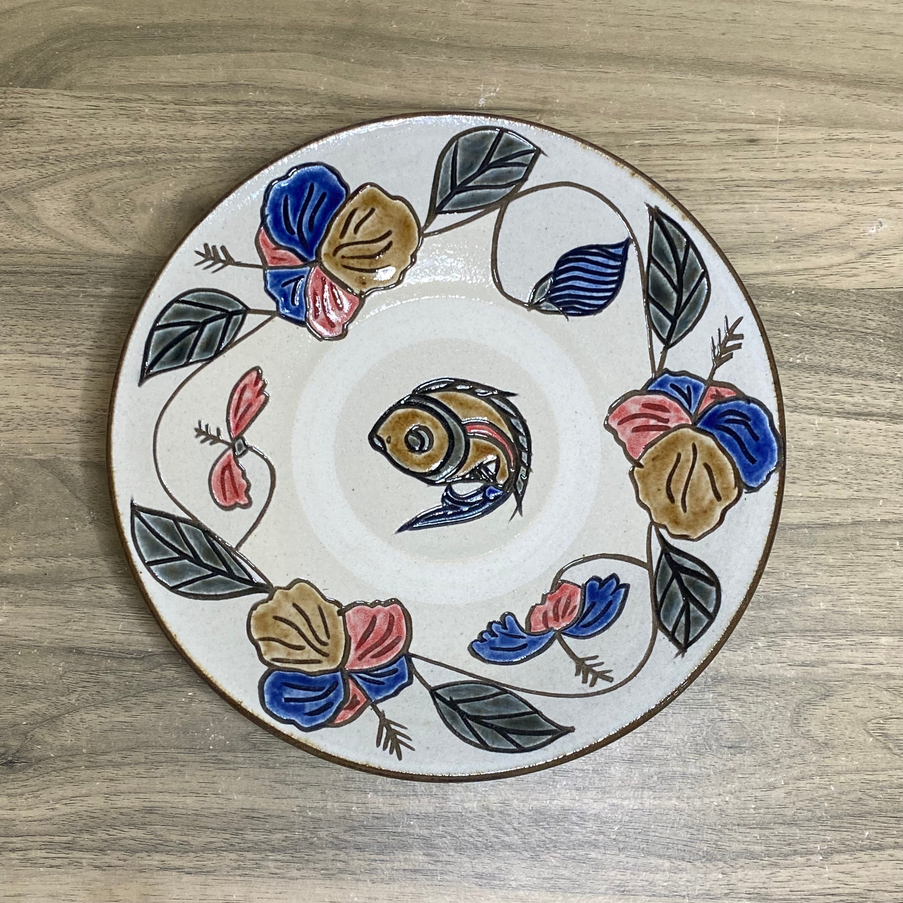 7寸皿重ね焼き ハイビスカス／カメ（ハート） | 陶芸工房ふじ