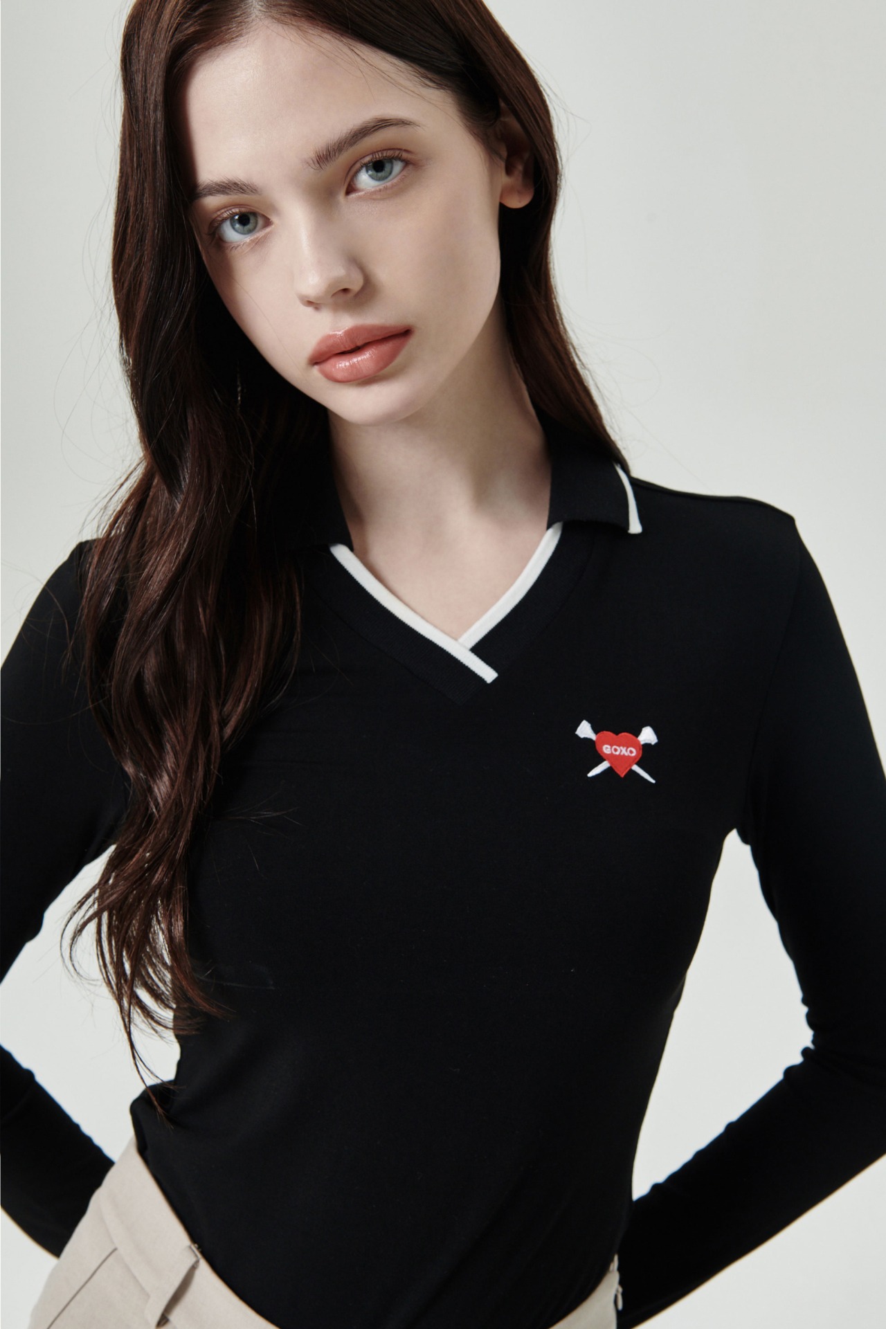 GOXO ゴーエックスオー VネックスリムフィットカラーTシャツ ブラック