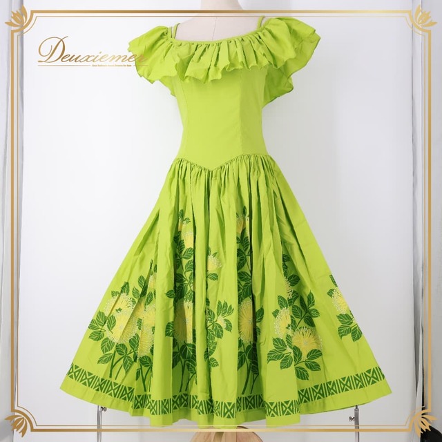 フラダンス 衣装 CC Fashions CCファッション ワンピース ドレス グリーン系 レフア柄 緑 黄 フリル フラ ダンス ダンス衣装 イベント ステージ ハワイアン アロハ かわいい 華やか おしゃれ 花 花柄 イエロー系