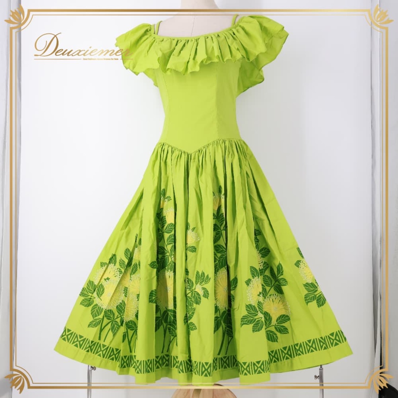 フラダンス 衣装 CC Fashions CCファッション ワンピース ドレス グリーン系 レフア柄 緑 黄 フリル フラ ダンス ダンス衣装 イベント ステージ ハワイアン アロハ かわいい 華やか おしゃれ 花 花柄 イエロー系