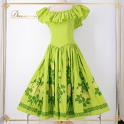 フラダンス 衣装 CC Fashions CCファッション ワンピース ドレス グリーン系 レフア柄 緑 黄 フリル フラ ダンス ダンス衣装 イベント ステージ ハワイアン アロハ かわいい 華やか おしゃれ 花 花柄 イエロー系