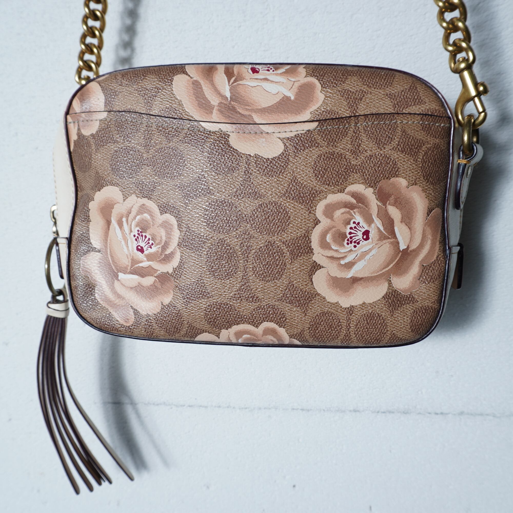 COACH】コーチ 花柄・シグネチャーレザーショルダーバッグ white&brown