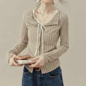 レースオープンカラーリブスリムカットソー  232015