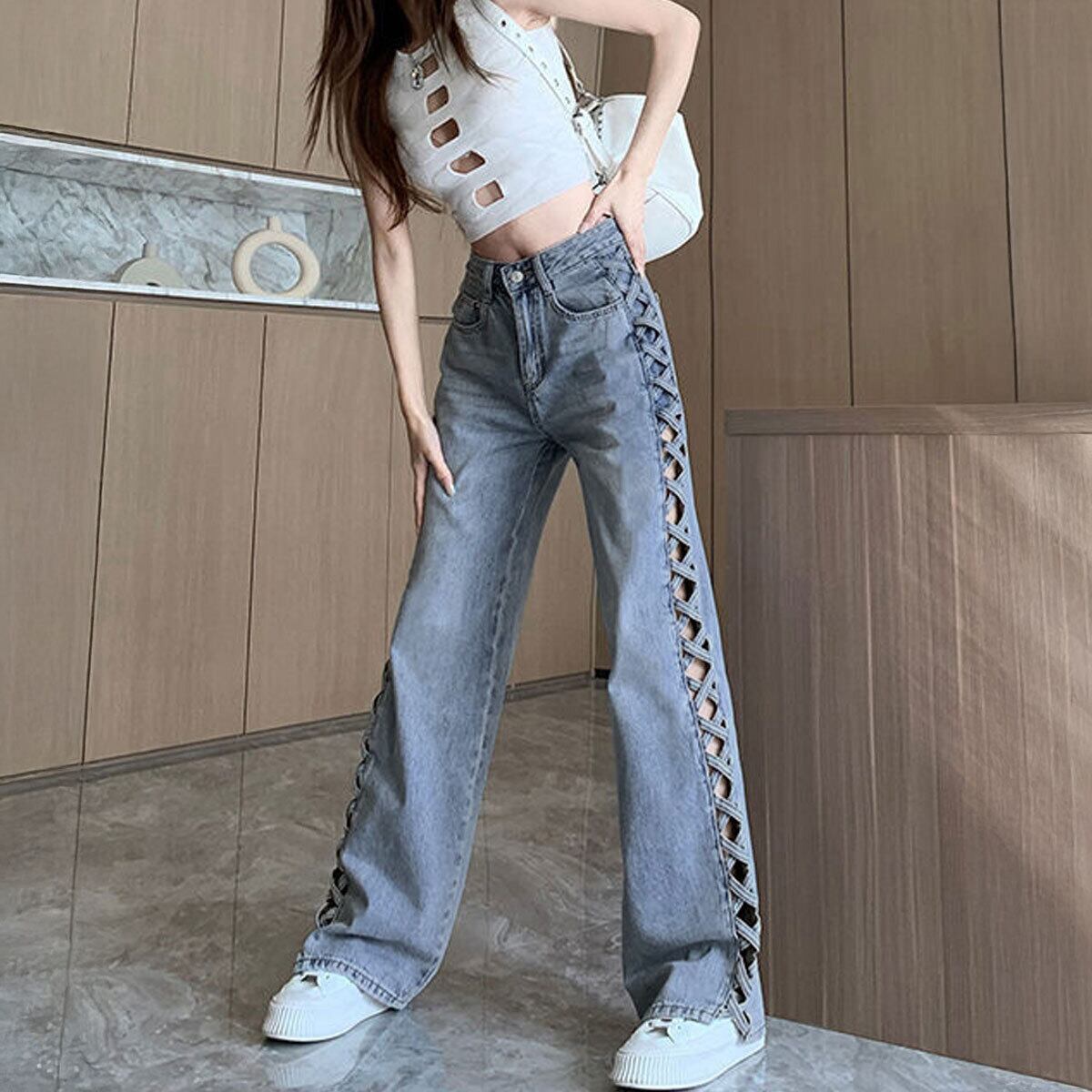 サイドレースアップ デニム パンツ レディース 韓国 ジーンズ 大人 カジュアル 肌見せ 美脚 おしゃれ 原宿系 ストリート ハイウエスト ブルー 大人可愛い 大人女子