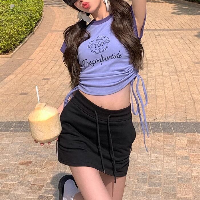 ラグラン クロップド Tシャツ レディース 韓国 サイドリボン 夏