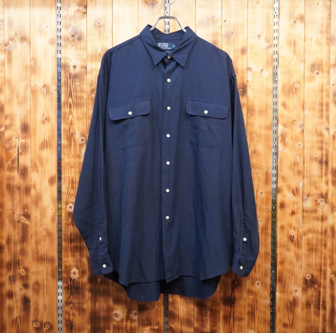 Polo by Ralph Lauren Benford ネイビー長袖シャツ 90s ralphlauren benford シルク コットン 長袖 シャツ XL/ネイビー