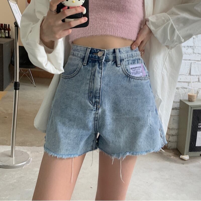ショートジーンズ サマーハイウェスト薄手ルーズAラインパンツ 夏物 ハンチェンe18770127250