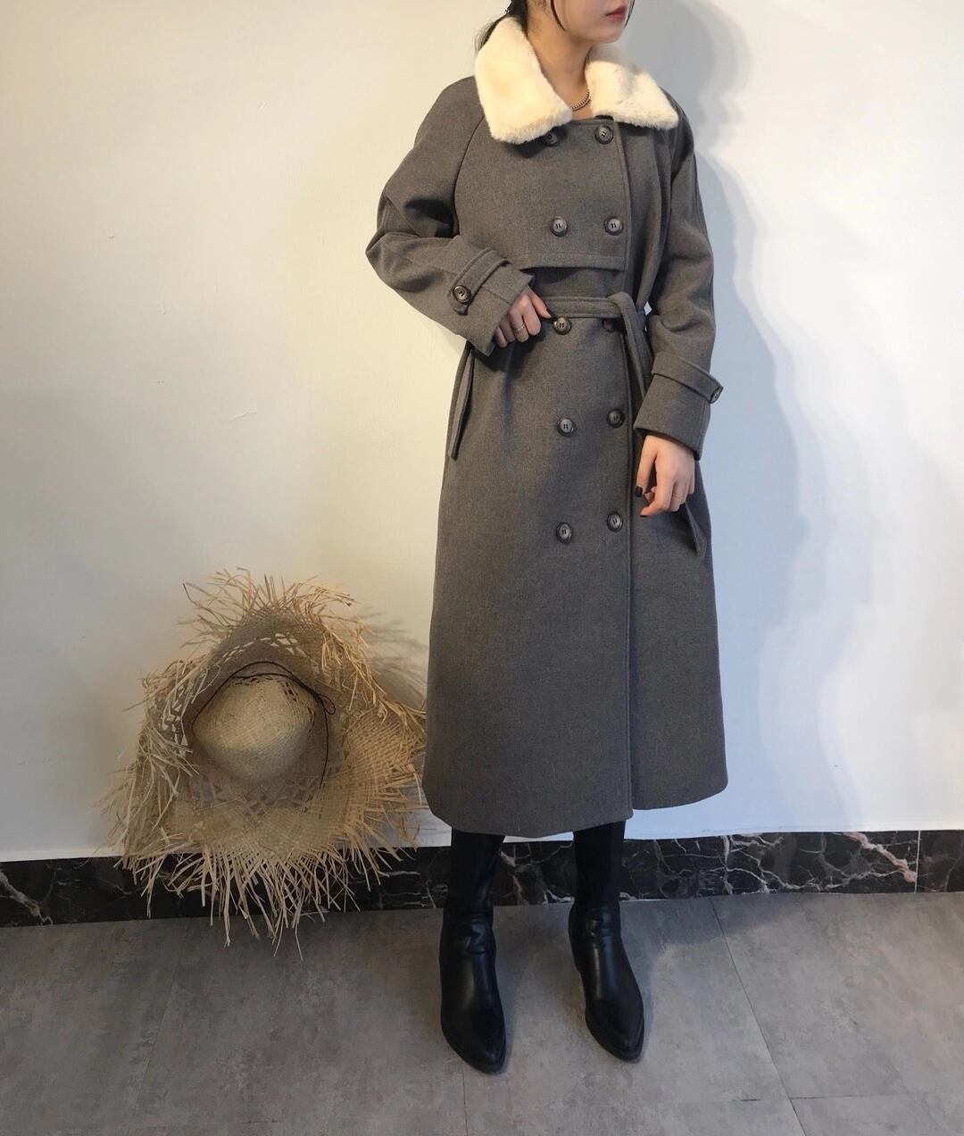 ウールブレンド ファー付き ロングコート AJ42441-6665