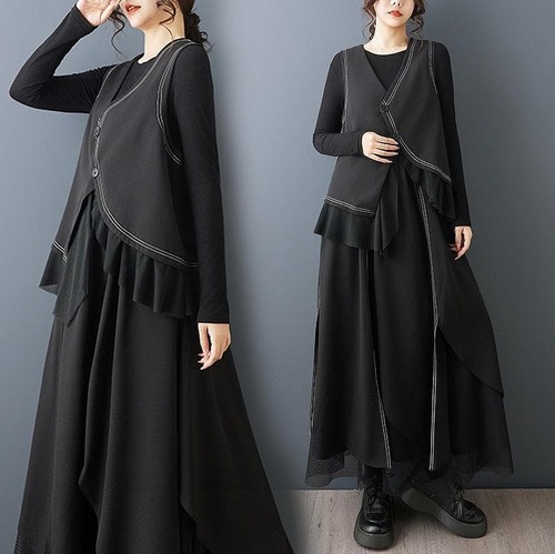 新品 春夏 レトロ セットアップ ベスト ロングスカート 2点セット