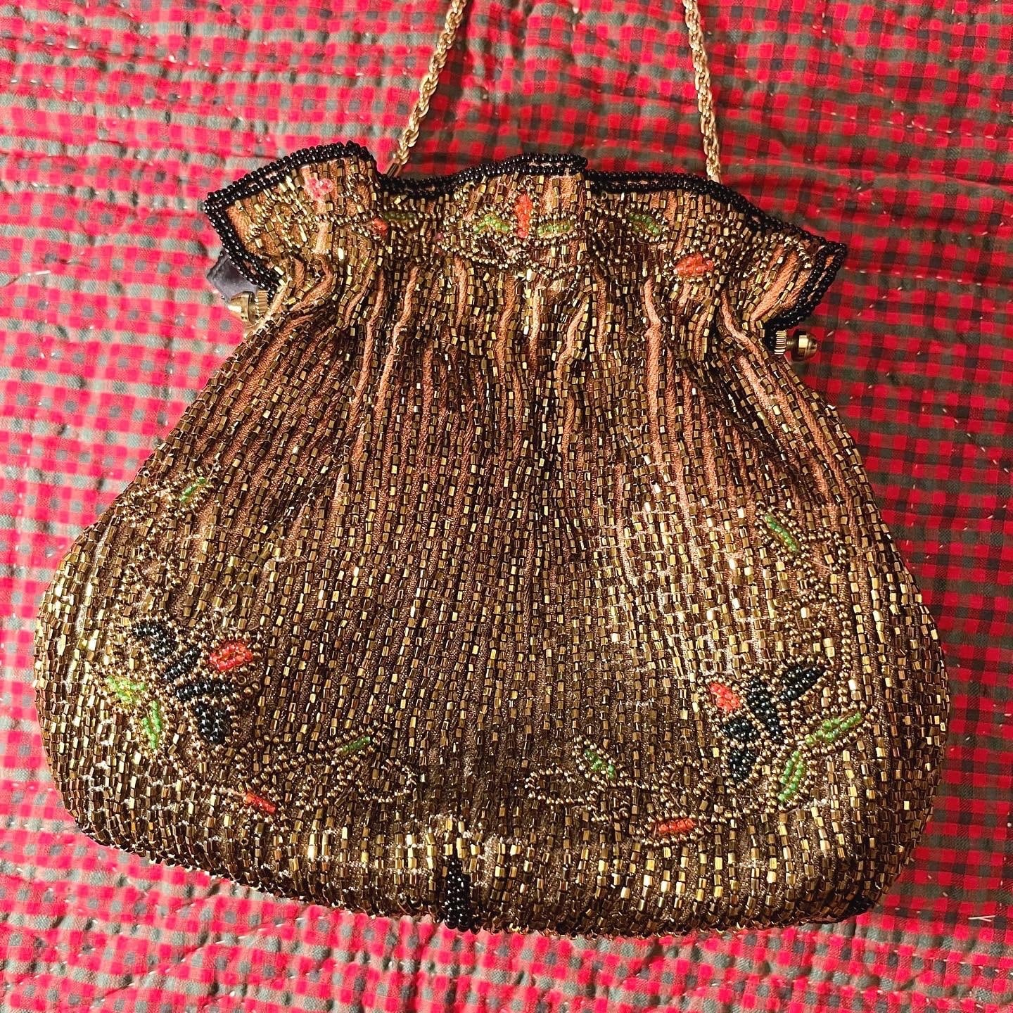 gold beads chain hand bag