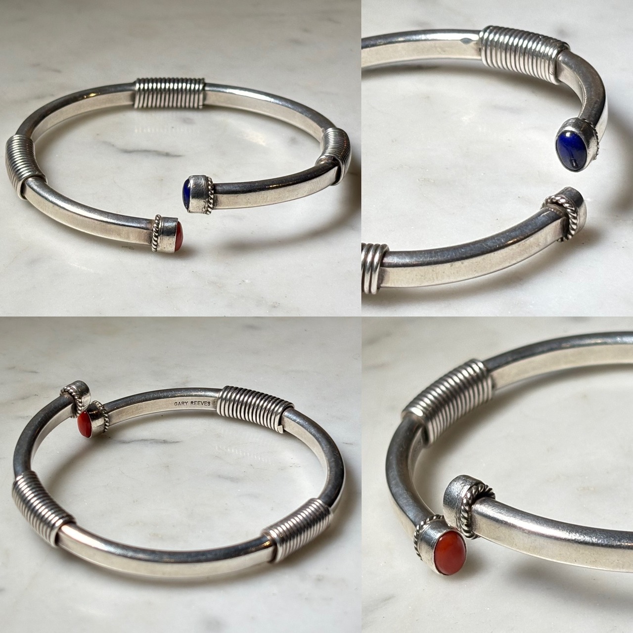 Navajo GARY REEVES silver wire wrap bracelet with coral & lapis lazuli