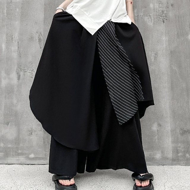 ASYMMETRIC LAYERED DESIGN A-LINE WIDE LEG PANTS 1color M-7043