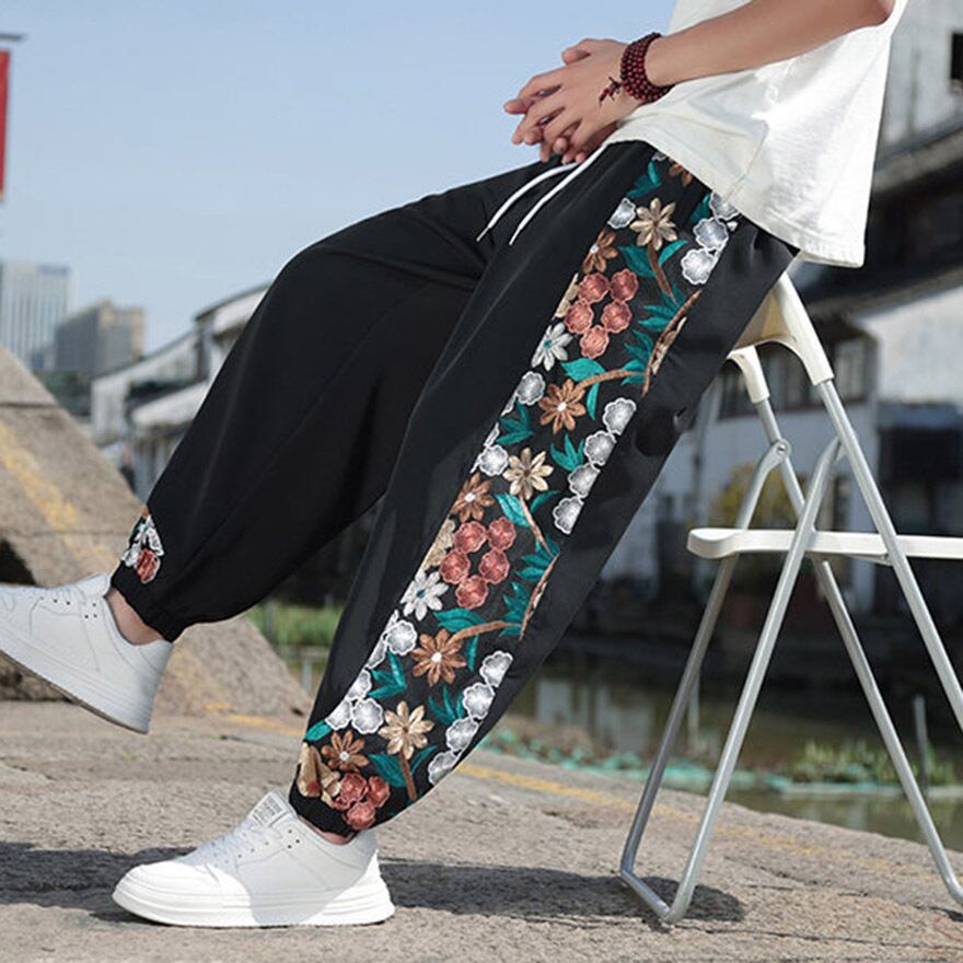 メンズゴシック チャイナ風 パンツ 花柄 刺繍 サブカル系 クール ストリートファッション
