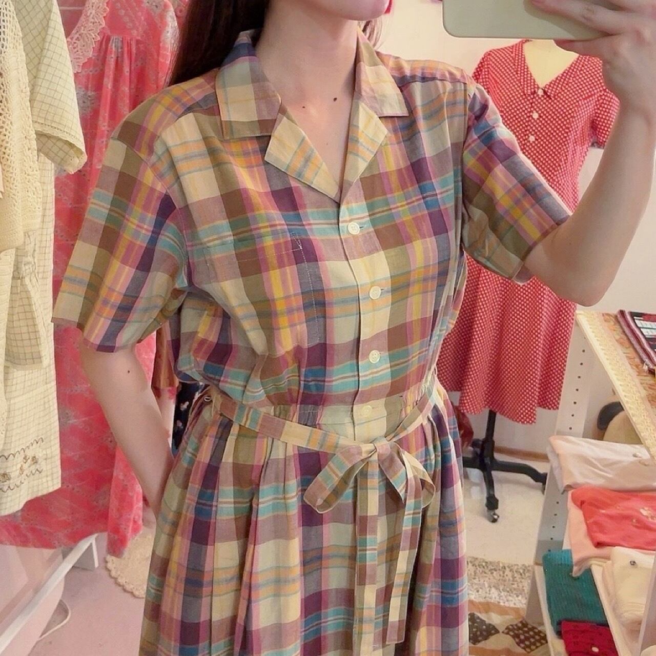 yellow pink check open collar one-piece