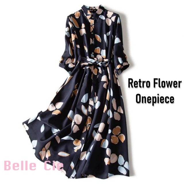 レトロ花柄ワンピース 幾何学花柄 レディース ミモレ丈 シャツワンピース