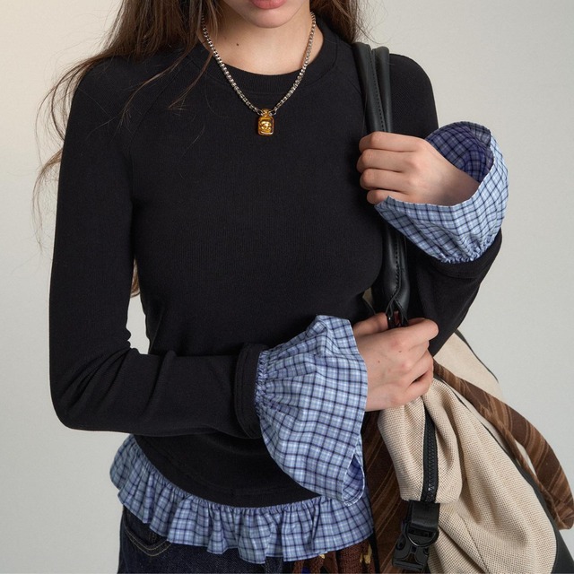 チェックフリルドッキング  ラグランリブニット　ch0431