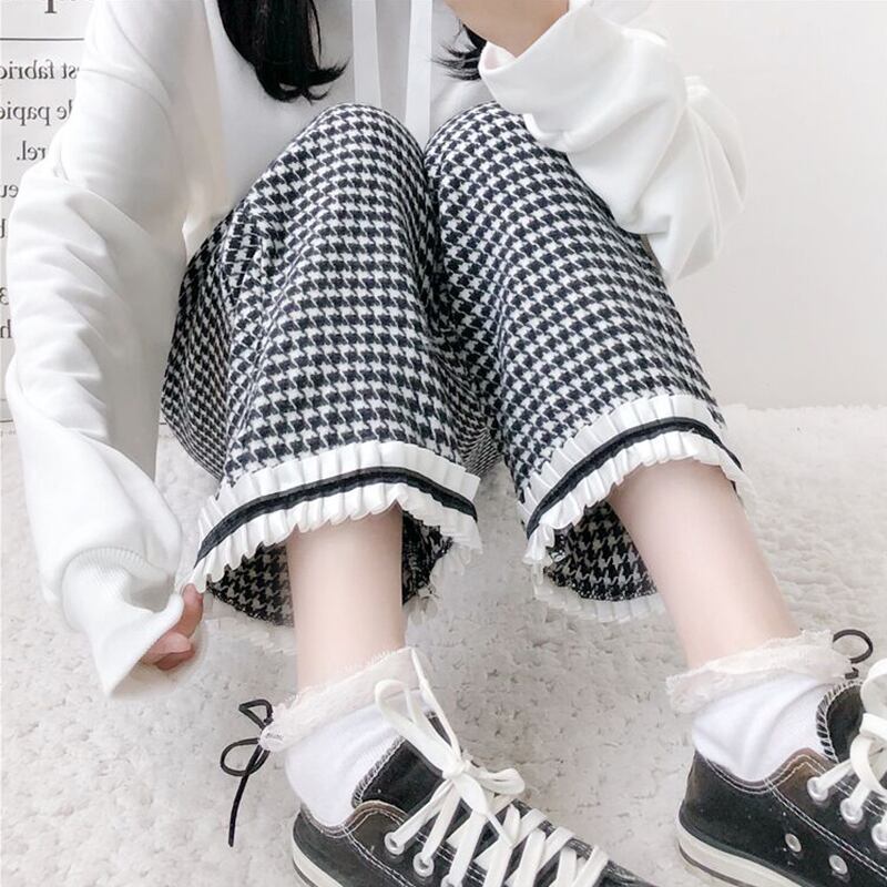 パンツレディース2020新秋冬ルーズウール千鳥格子クロップドパンツカジュアルで快適なストレートワイドレッグパンツ 萌量不足71808037565