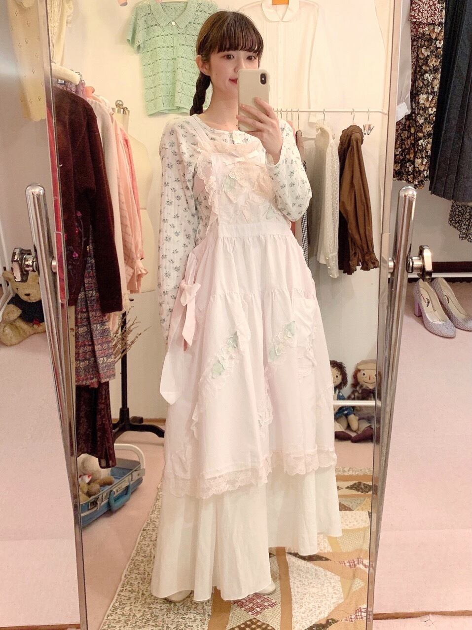 remake : sweet flower pink apron one-piece