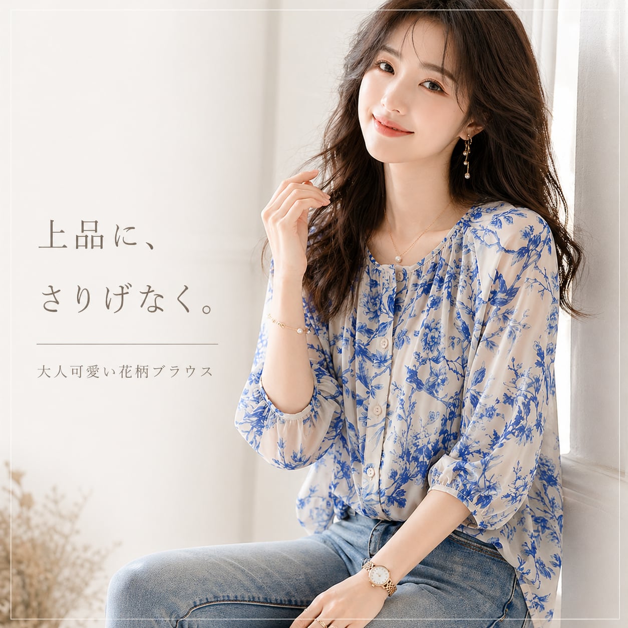 上品見えシフォン花柄ブラウス（大人可愛い・7分袖） | TOMOGAI