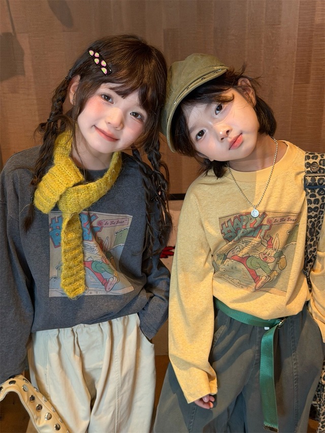 ハッピーラビットロングTシャツ（2色展開）XDJK｜トップス オーバーサイズ｜小学生 ジュニア対応｜通学 普段着｜韓国子供服｜男の子 女の子｜90-160cm｜2026秋服 ［取寄］