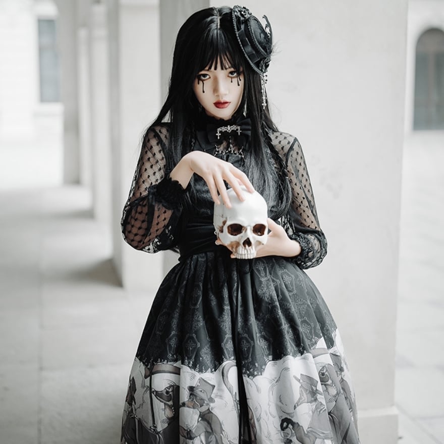 サブカル 服 地雷系 通販 JSK 闇かわいい レースアップ 烏プリント柄 暗黒 ダーク ゴシック