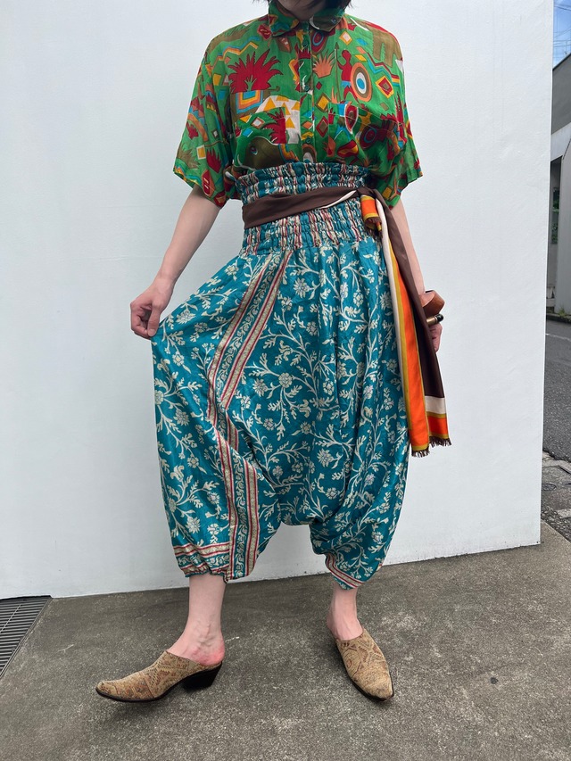 Vintage indian silk turquoise × floral design pants ( ヴィンテージ インドシルク ターコイズ × 花柄 デザイン パンツ )