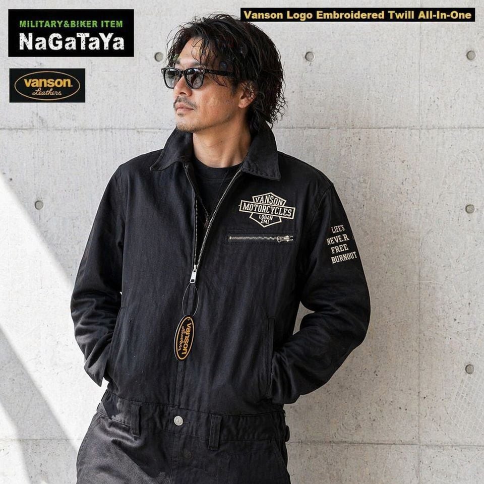 VANSON バンソン NVAO-403NC ロゴ刺繍 ツイル オールインワン ブラック