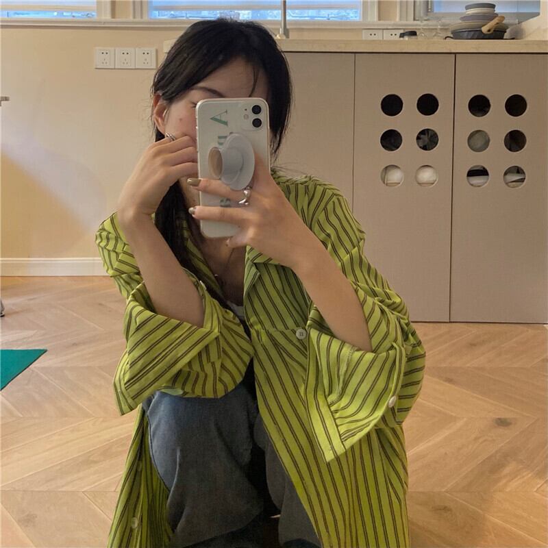 スタイルグリーンストライプスタンダードシャツ ブラウス ジャケット オータムトップス レトロ 秋物 モンロー16795670171